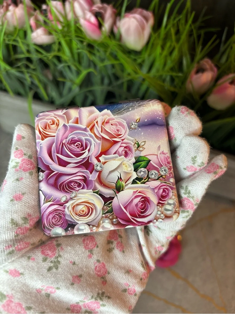 Pink Rose Key & Card Holder Set with Floral Compact and Rose Keyring